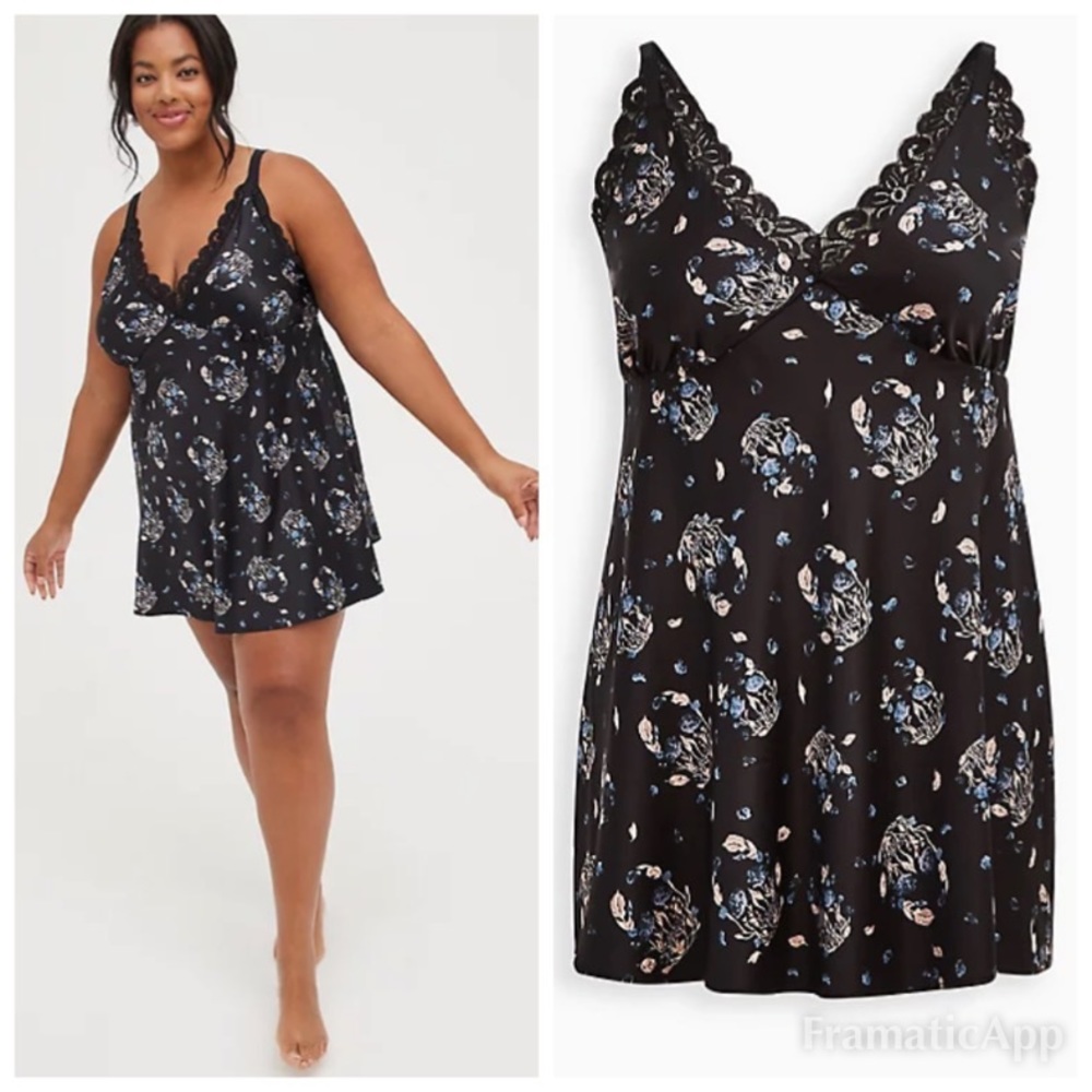 Like new TORRID Babydoll - Satin Floral Skull Black